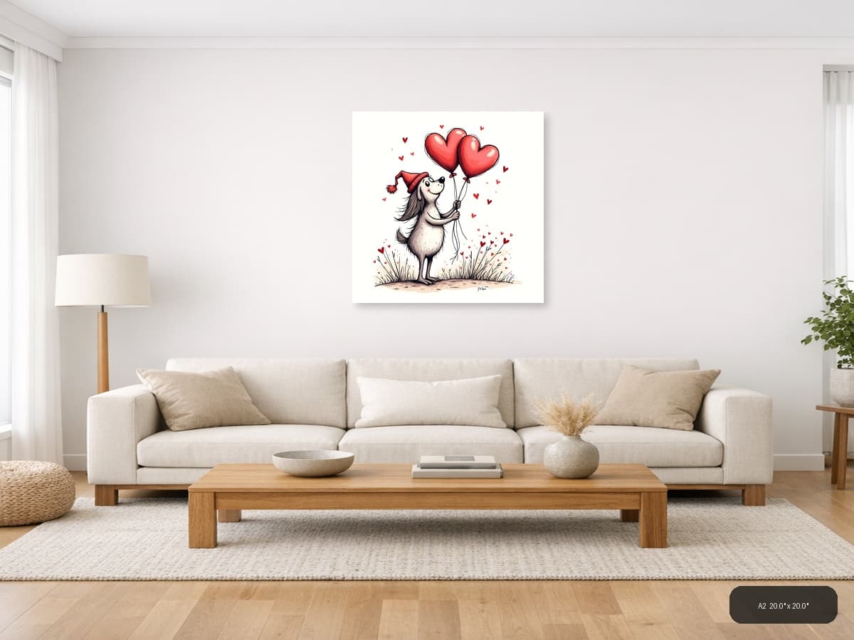 Whimsical Dog with Heart Balloons Line Art Wall Art shown in a room setting at A2