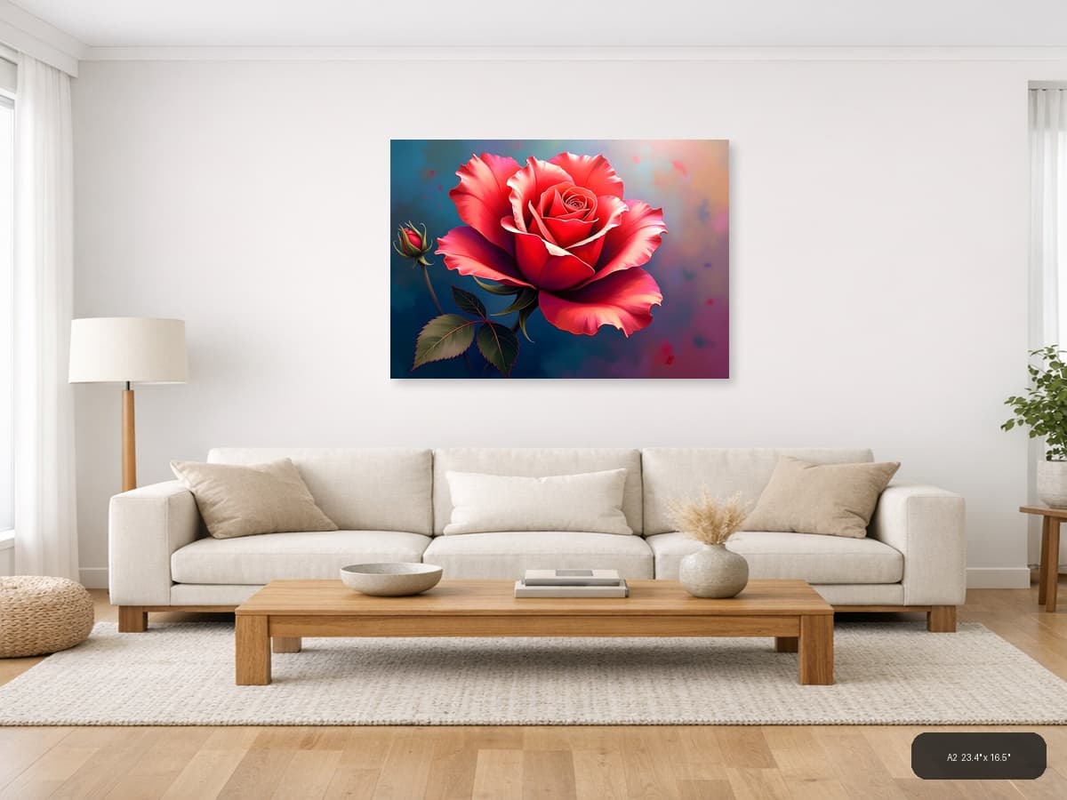 Red Rose with Bud Abstract Digital Wall Art shown in a room setting at A2