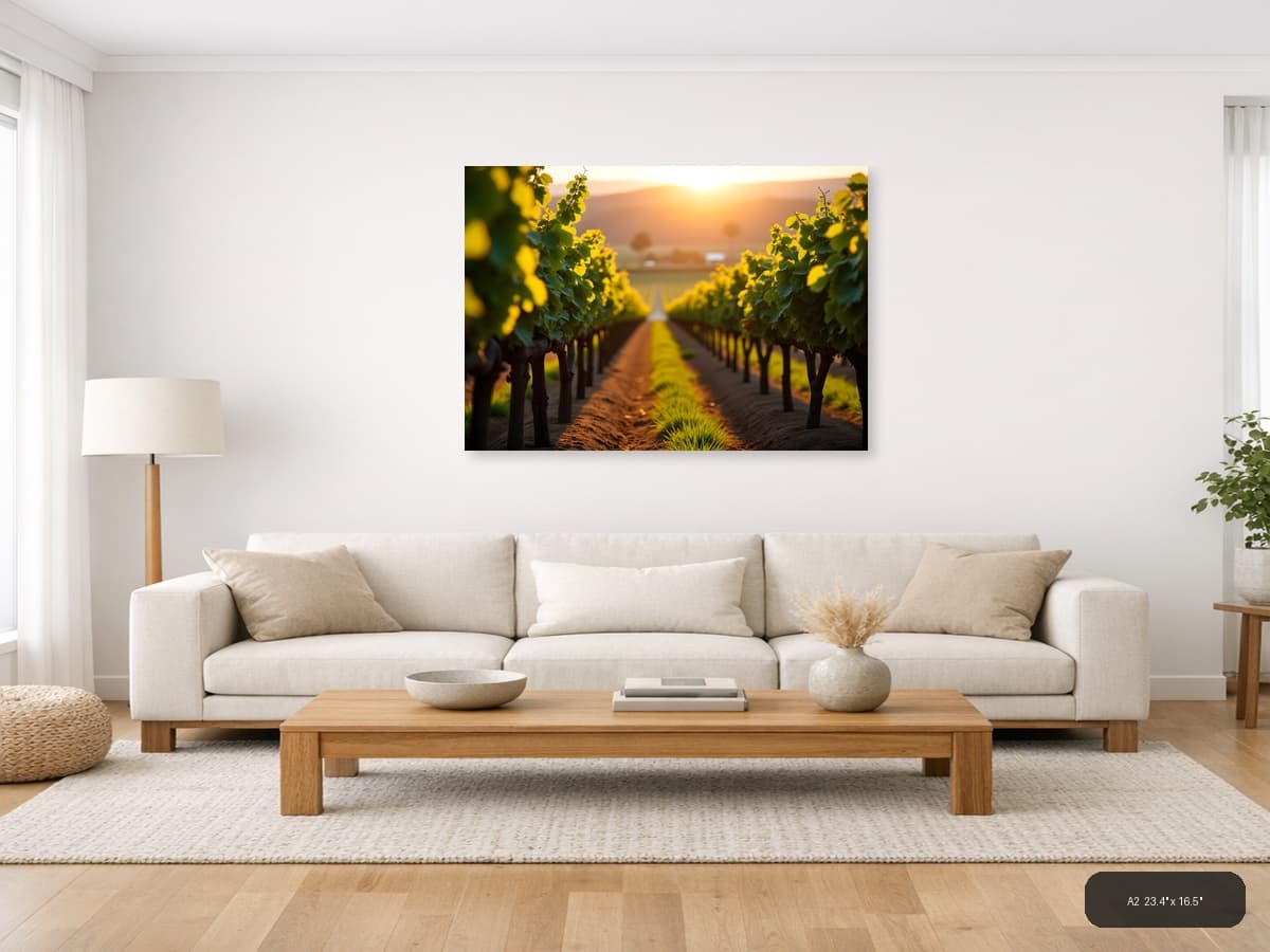 Golden Sunset Vineyard Rows Photography Wall Art shown in a room setting at A2