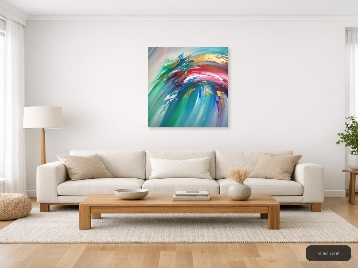 Colorful Abstract Swirl with Gold Accents Wall Art shown in a room setting at A2