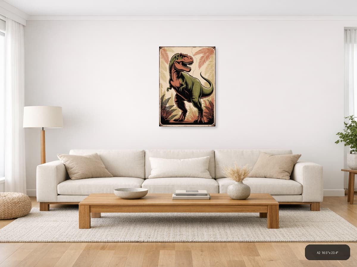 Vintage T-Rex Dinosaur Portrait Wall Art shown in a room setting at A2
