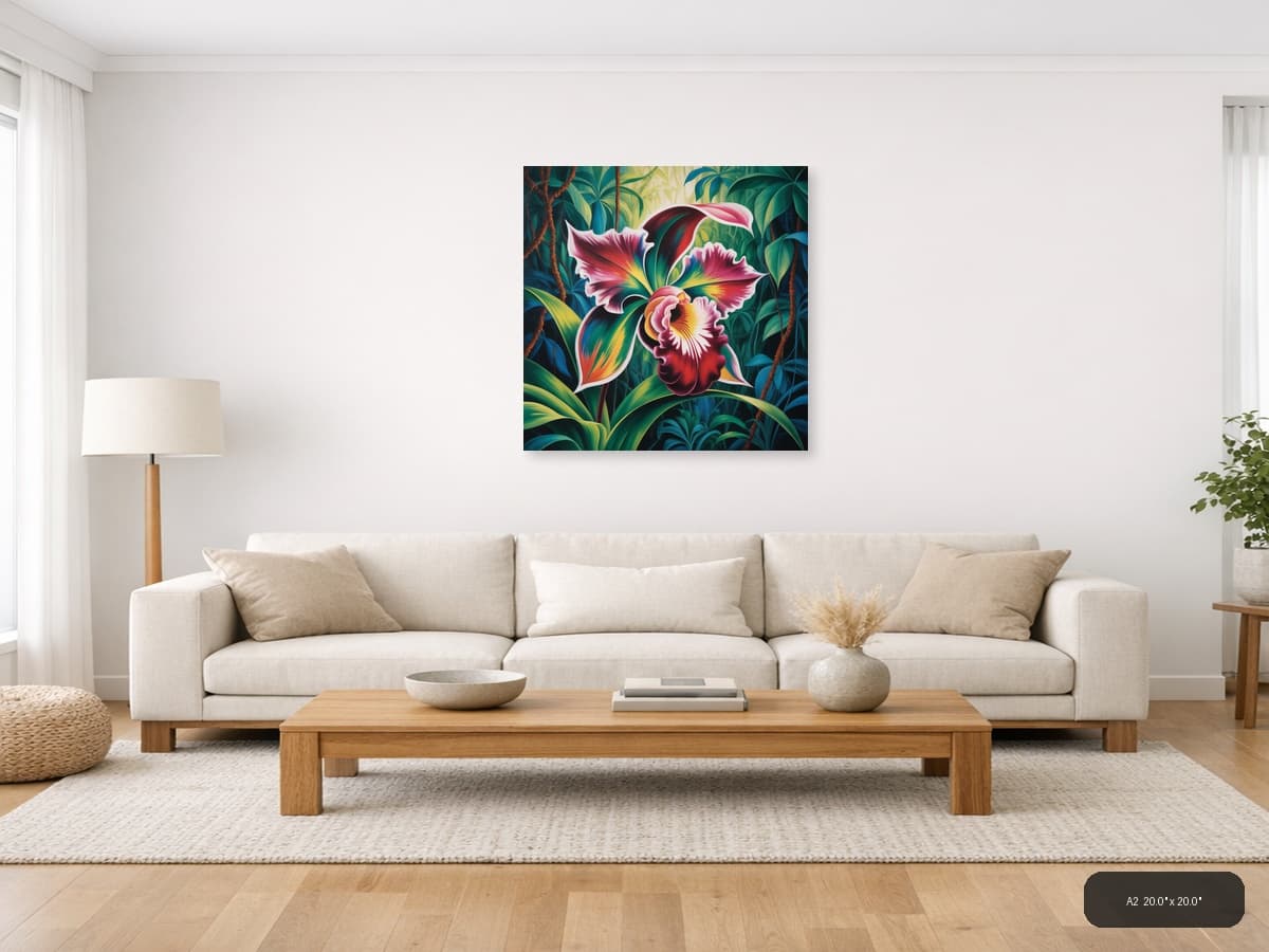 Vibrant Orchid Tropical Botanical Abstract Wall Art shown in a room setting at A2