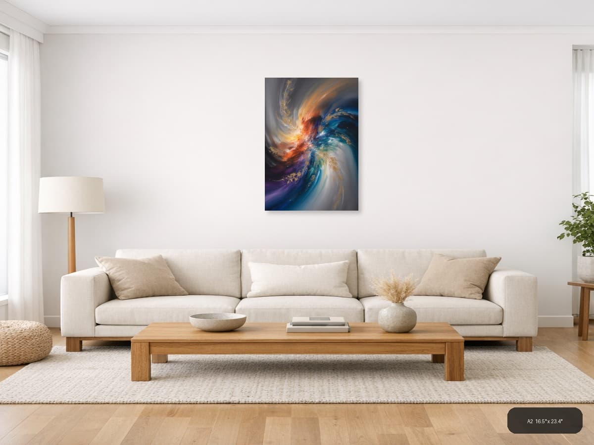Abstract Cosmic Swirl with Gold Accents Wall Art shown in a room setting at A2