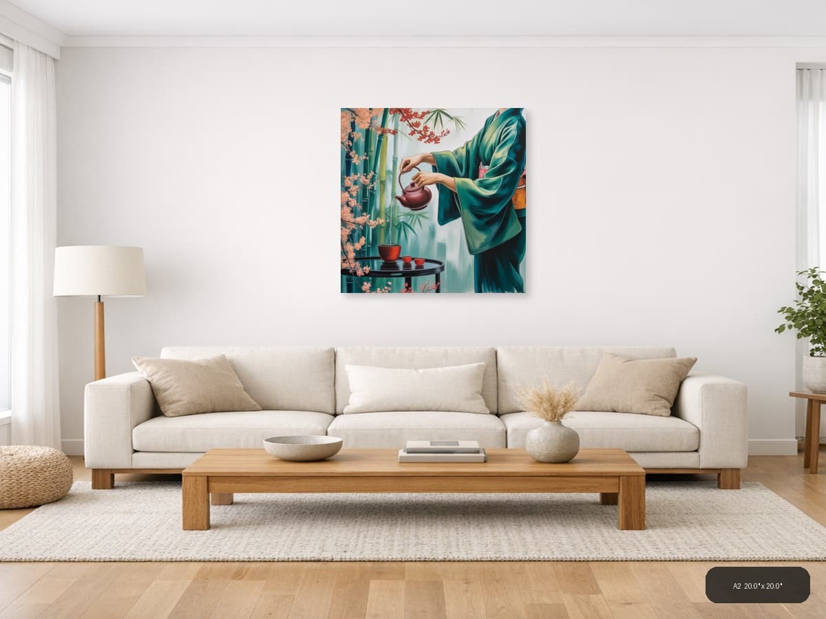 Asian Tea Ceremony Green Silk Wall Art shown in a room setting at A2