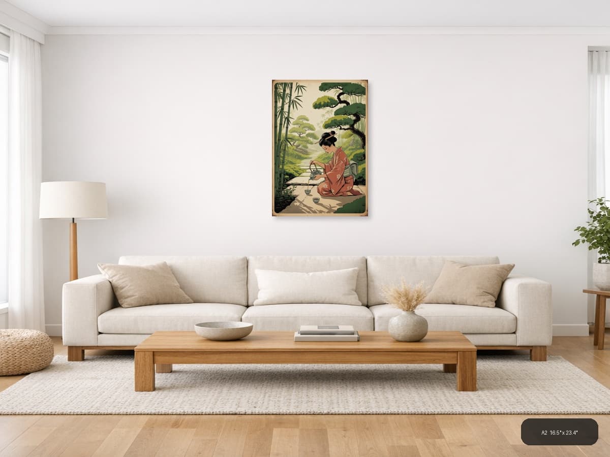 Vintage Asian Woman Pouring Tea in Garden Wall Art shown in a room setting at A2