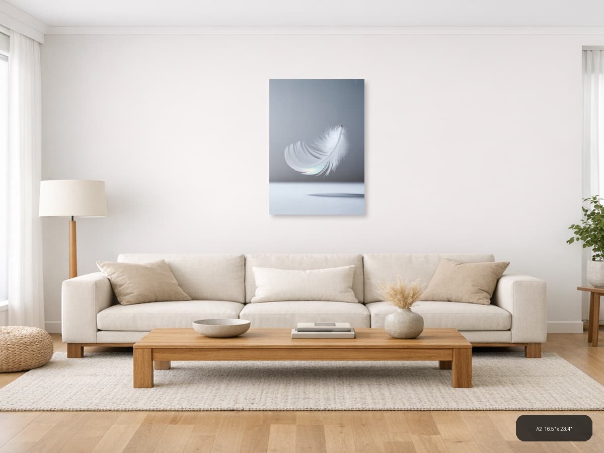 White Feather with Iridescent Glow Minimalist Wall Art shown in a room setting at A2