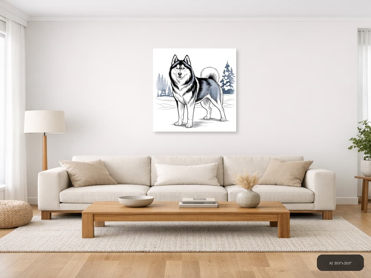 Husky Winter Line Art Portrait Wall Art shown in a room setting at A2