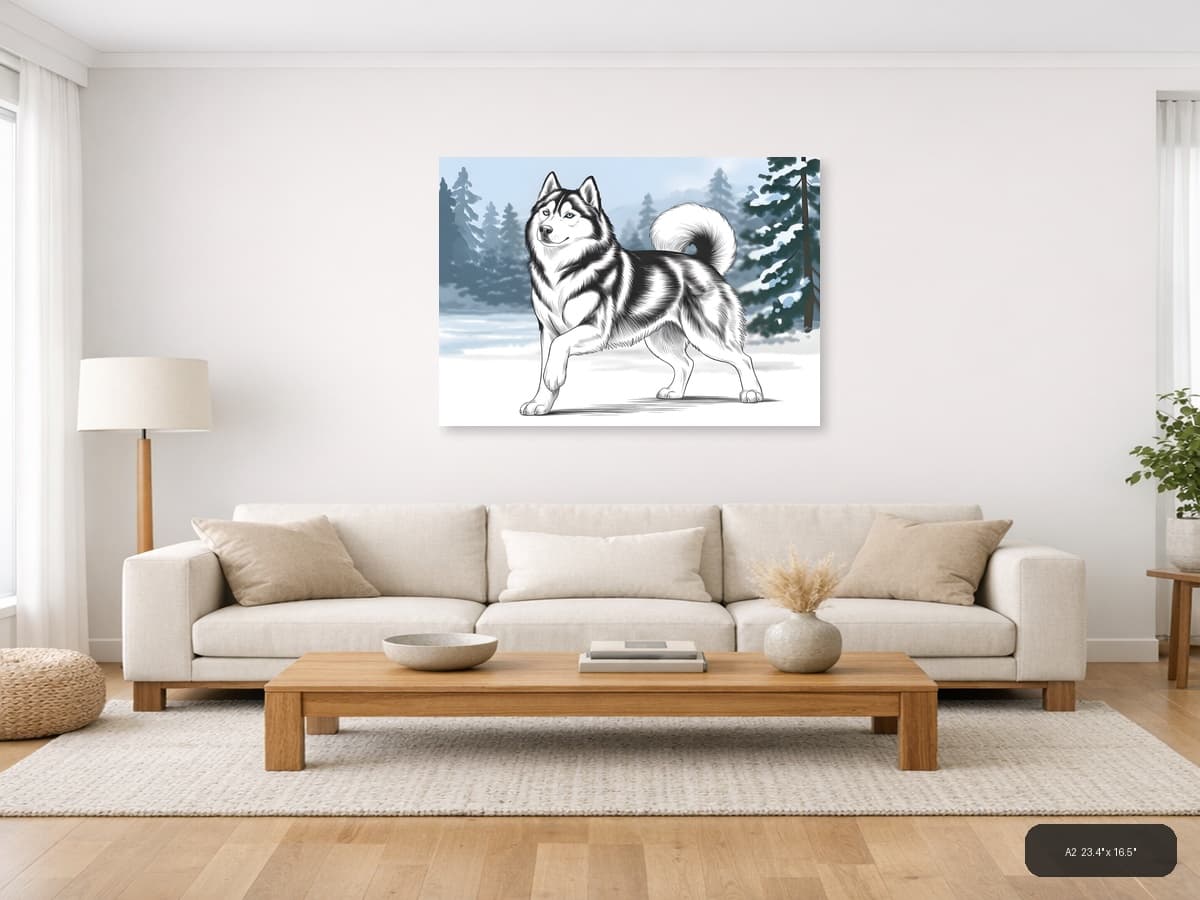 Husky Dog Line Art Winter Forest Landscape Wall Art shown in a room setting at A2