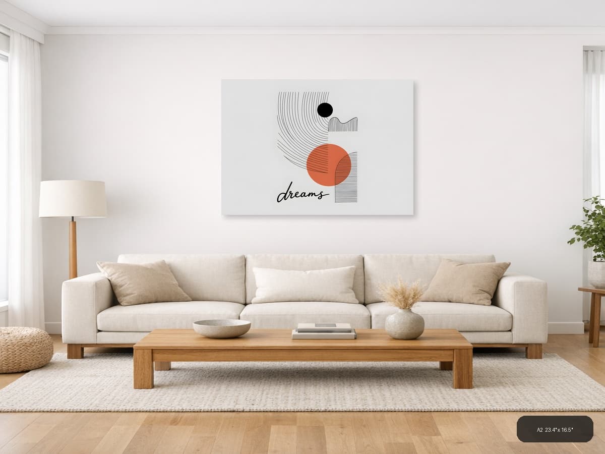 Abstract Dreams Line Art with Orange Circle Wall Art shown in a room setting at A2