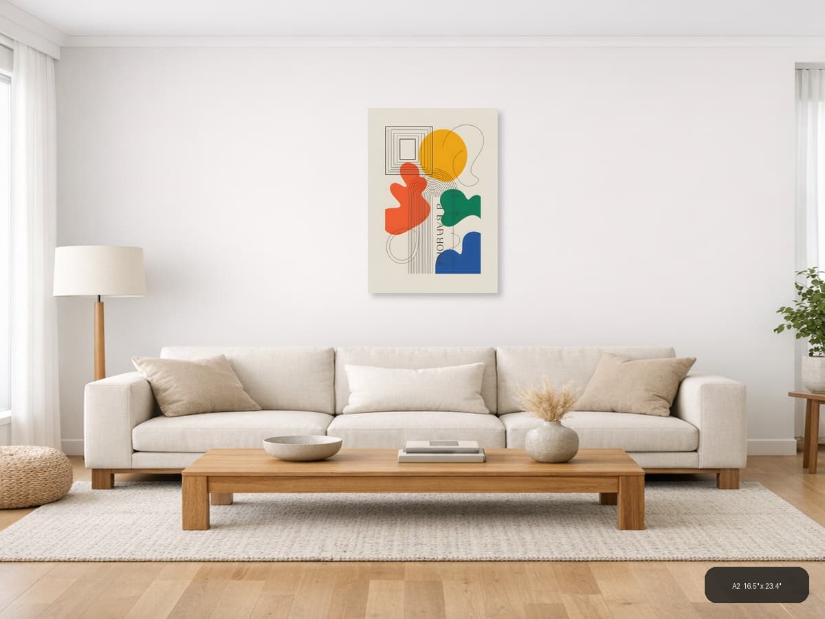 Colorful Abstract Line Art with Geometric Shapes Wall Art shown in a room setting at A2