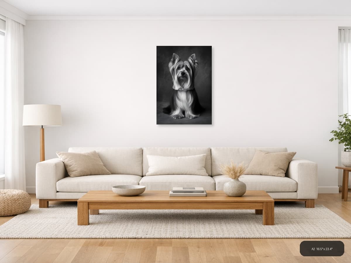 Shih Tzu Portrait Black and White Photography Wall Art shown in a room setting at A2