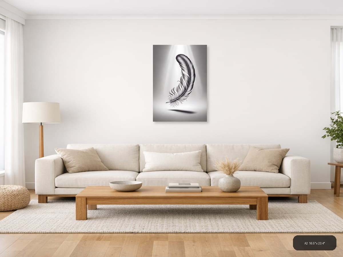 Detailed Feather Line Art Drawing - Minimalist Wall Art shown in a room setting at A2