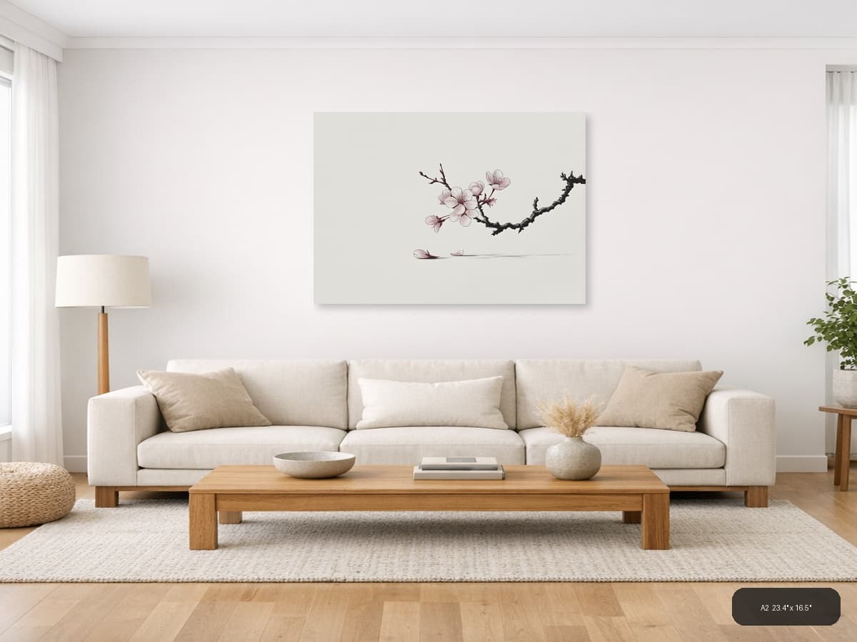 Cherry Blossom Branch Line Art Minimalist Wall Art shown in a room setting at A2