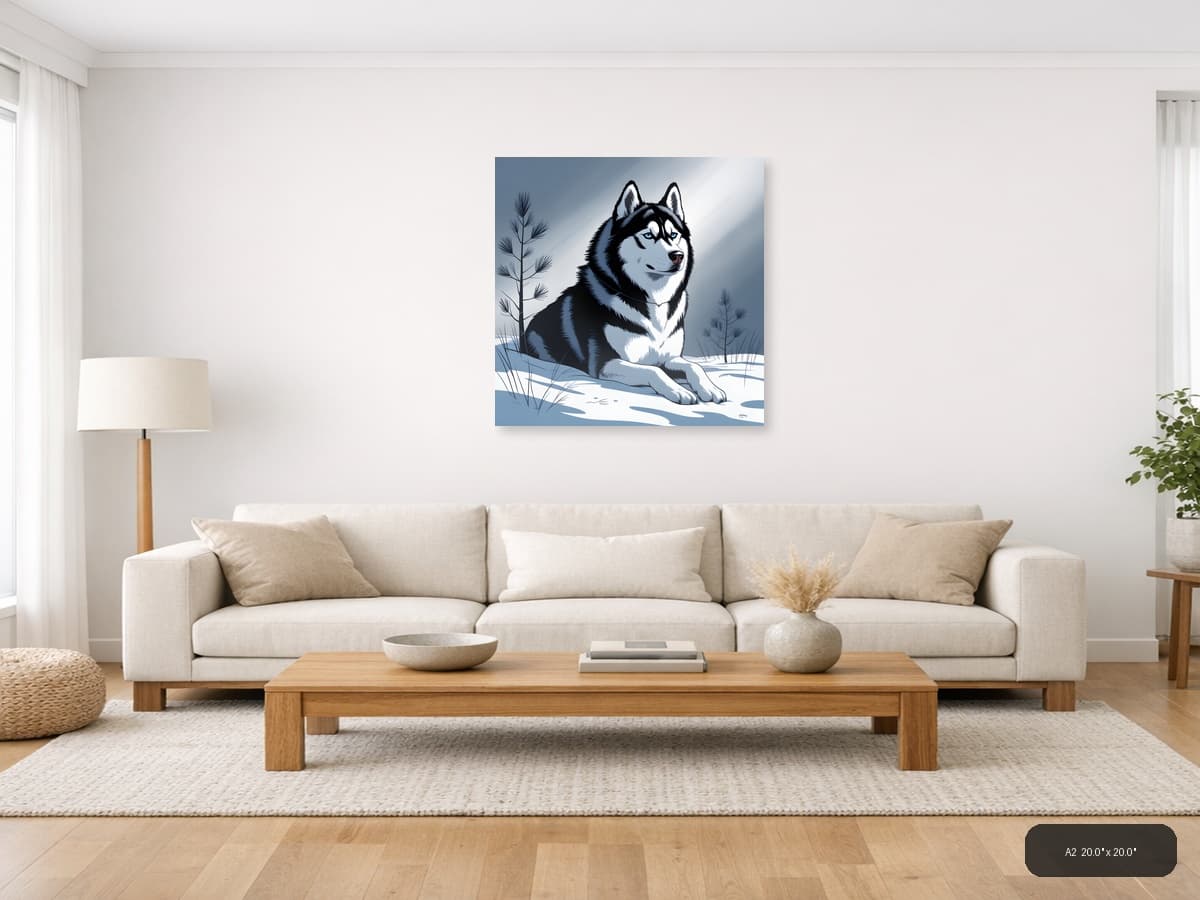 Husky in Snow Winter Landscape Photography Wall Art shown in a room setting at A2