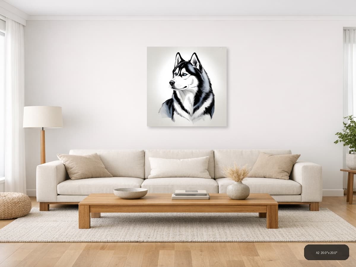 Husky Dog Portrait Line Art Black and White Wall Art shown in a room setting at A2