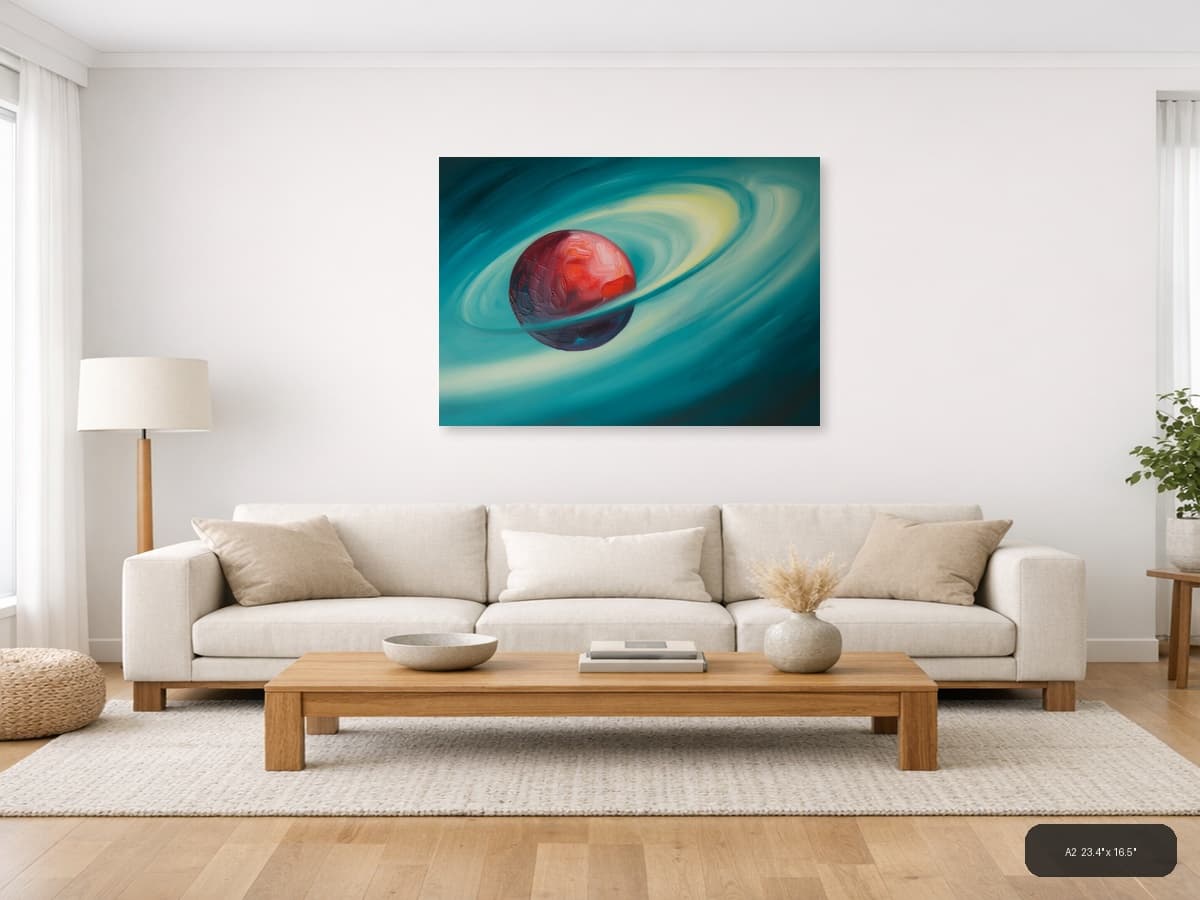Red Planet with Rings Abstract Landscape Wall Art shown in a room setting at A2
