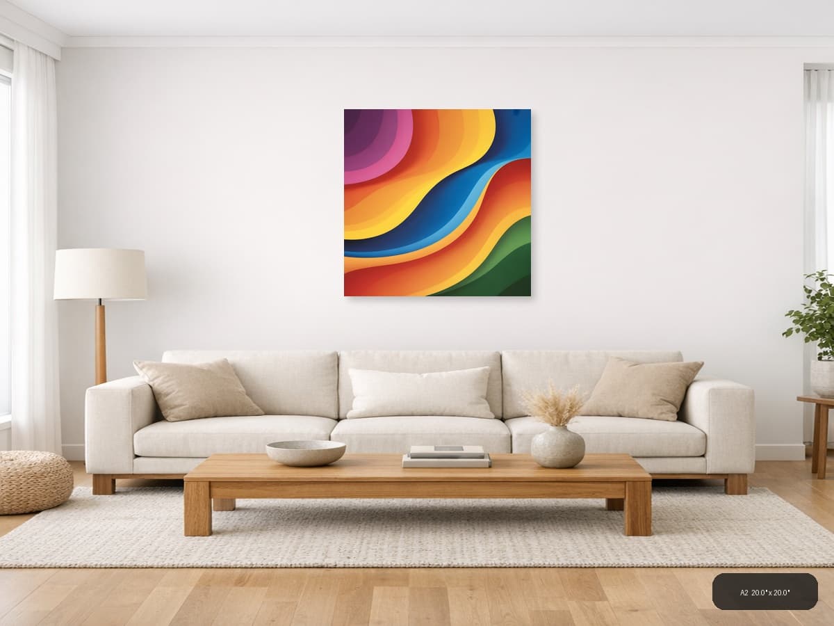 Colorful Abstract Layered Waves Photography Wall Art shown in a room setting at A2