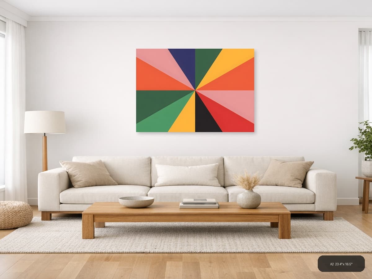 Colorful Geometric Sunburst Pattern Photography Wall Art shown in a room setting at A2