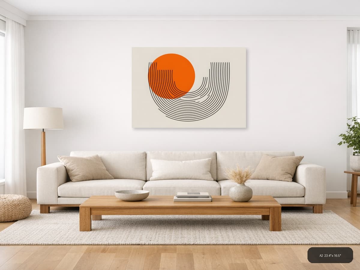 Orange Circle Line Art Modern Abstract Wall Art shown in a room setting at A2