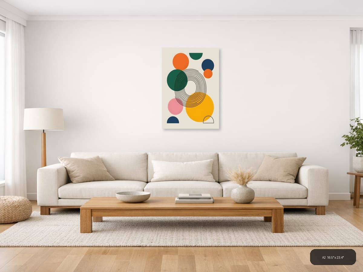 Abstract Geometric Circles Line Art Modern Wall Art shown in a room setting at A2