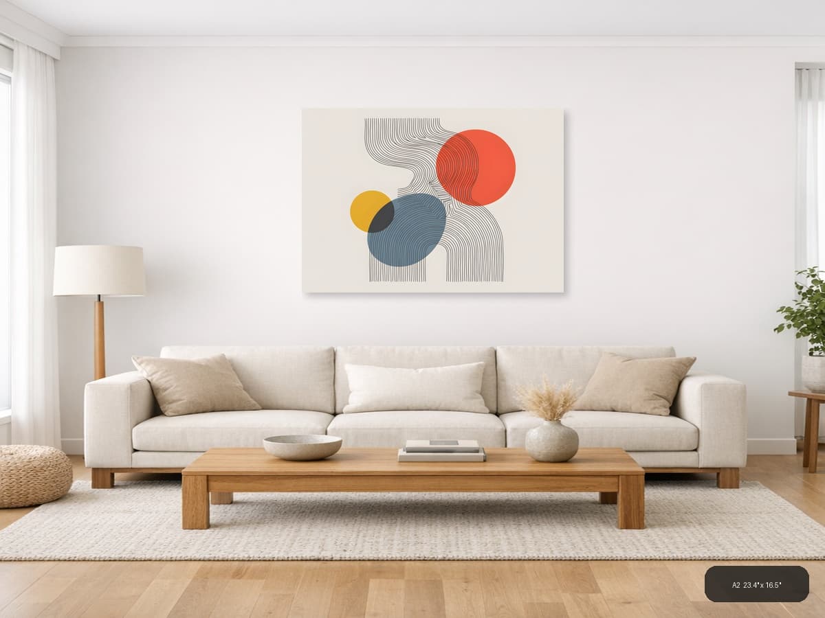 Abstract Line Art with Geometric Circles Wall Art shown in a room setting at A2