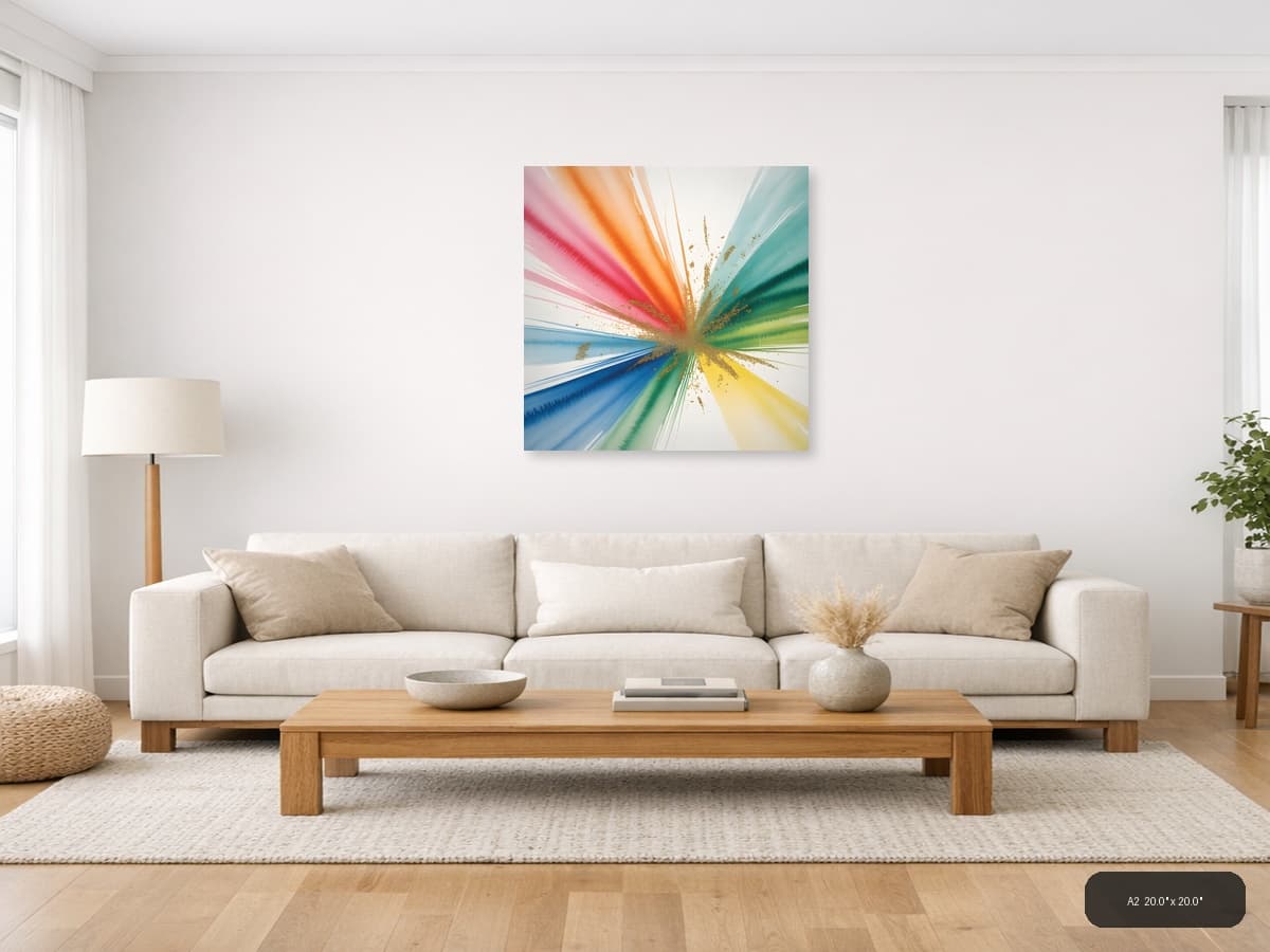 Rainbow Watercolor Burst with Gold Splatter Wall Art shown in a room setting at A2