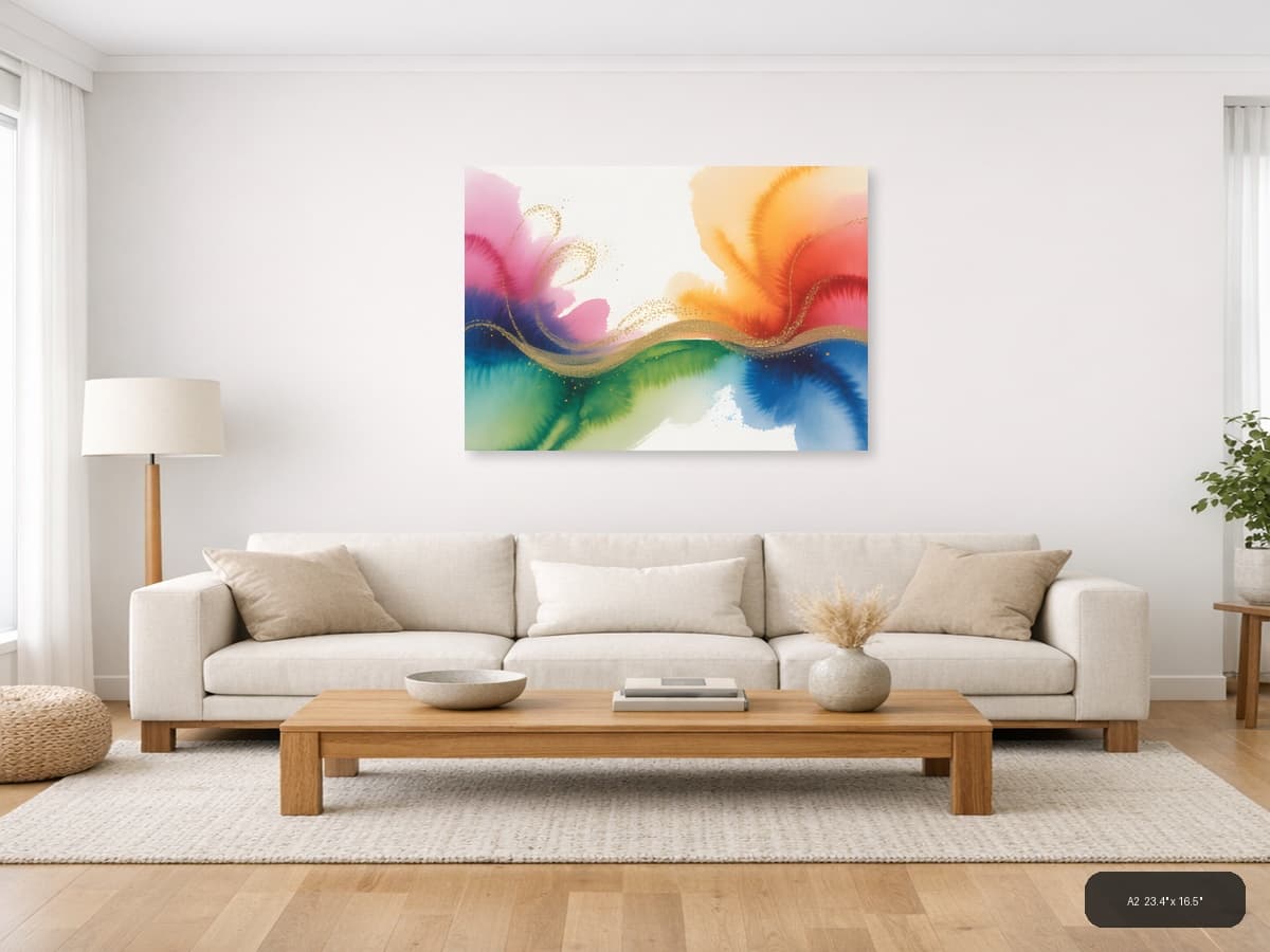 Colorful Watercolor Wave with Gold Accents Wall Art shown in a room setting at A2