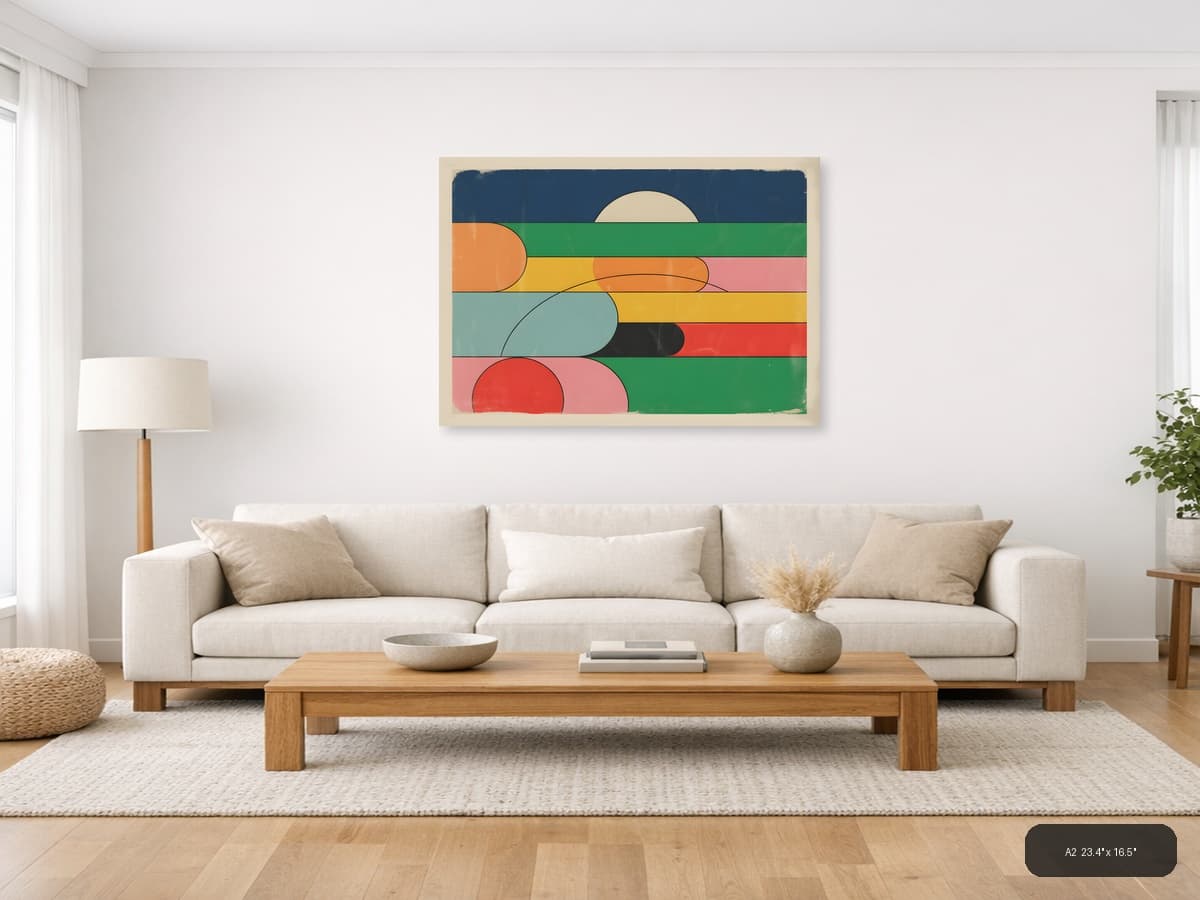 Vintage Retro Geometric Landscape with Layered Circles Wall Art shown in a room setting at A2