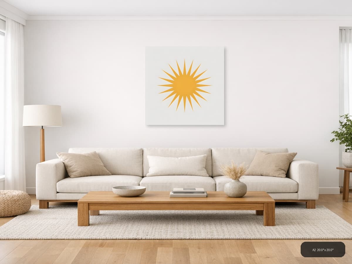 Golden Starburst Minimalist Sun Wall Art shown in a room setting at A2