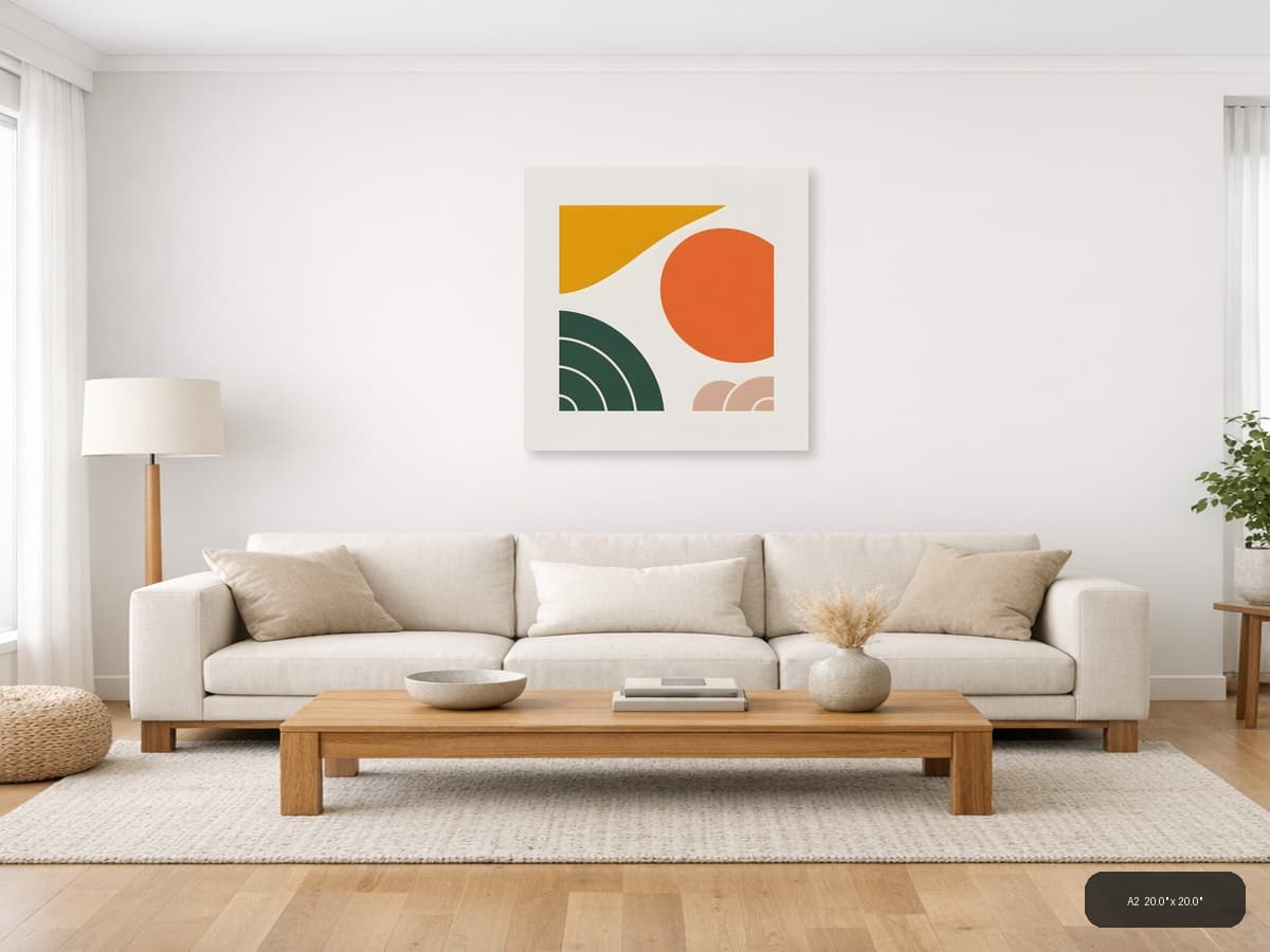 Minimalist Geometric Shapes Orange Green Gold Wall Art shown in a room setting at A2