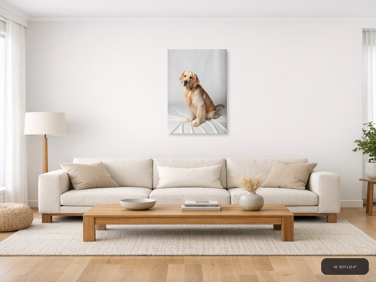 Golden Labrador Portrait Minimalist Wall Art shown in a room setting at A2