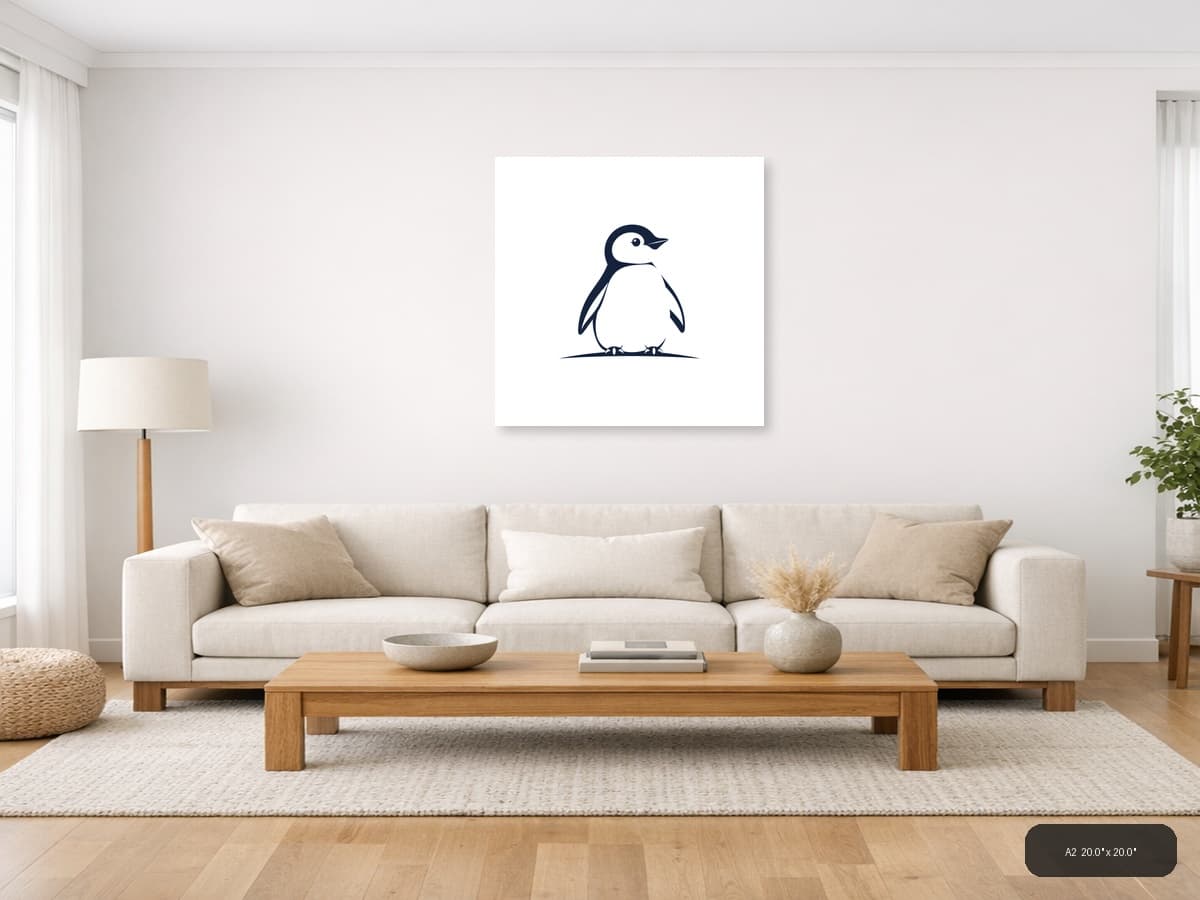 Minimalist Penguin Chick Silhouette Navy Wall Art shown in a room setting at A2