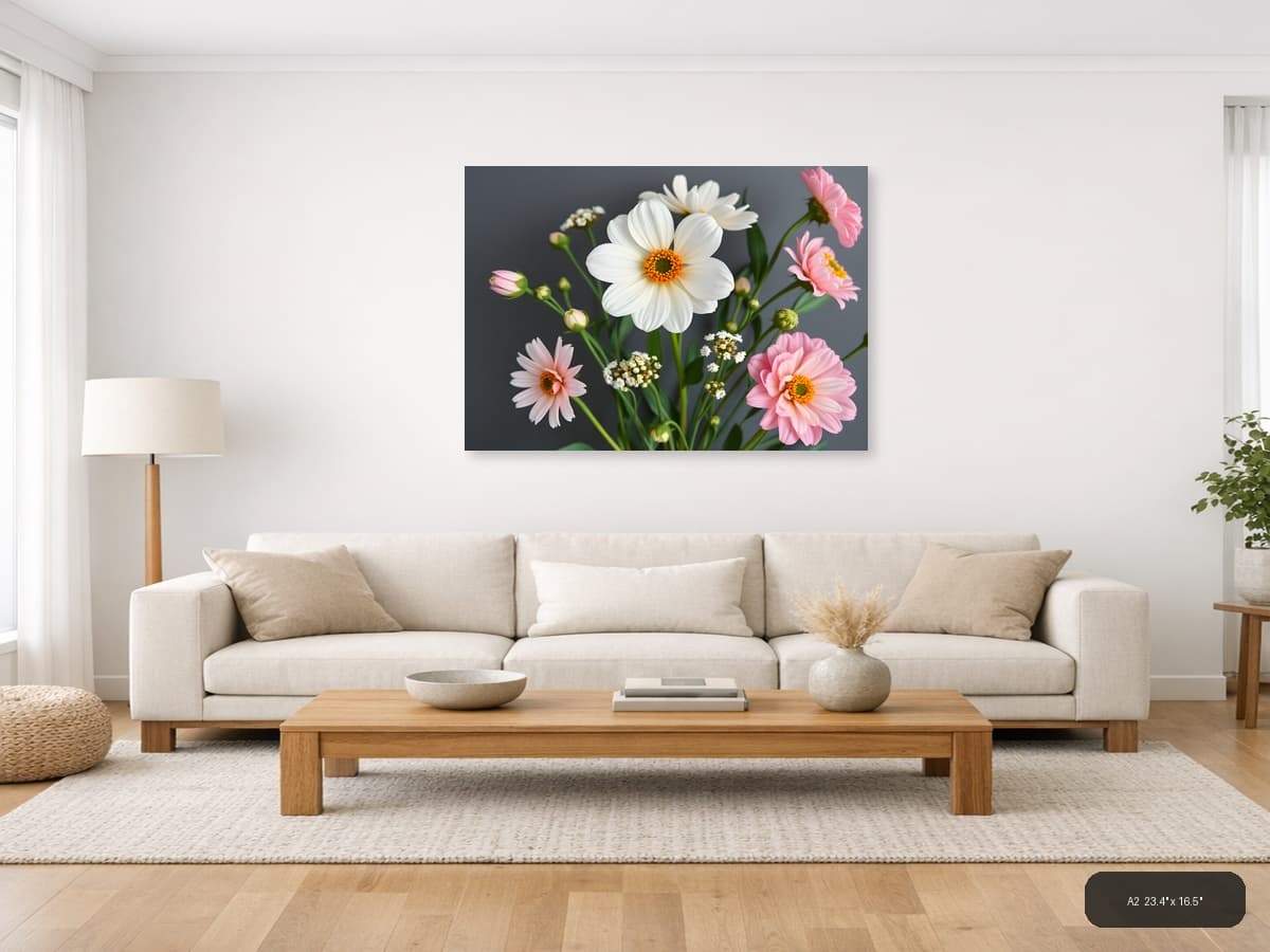 White Daisy & Pink Gerbera Minimalist Flower Wall Art shown in a room setting at A2