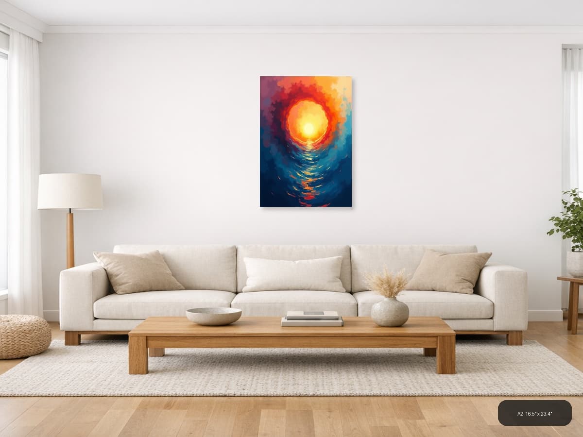 Abstract Golden Sun Portal Contemporary Wall Art shown in a room setting at A2