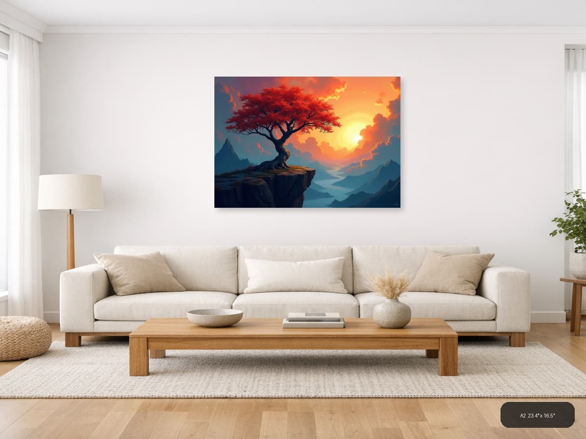 Crimson Tree Sunset Mountain Landscape Abstract Wall Art shown in a room setting at A2