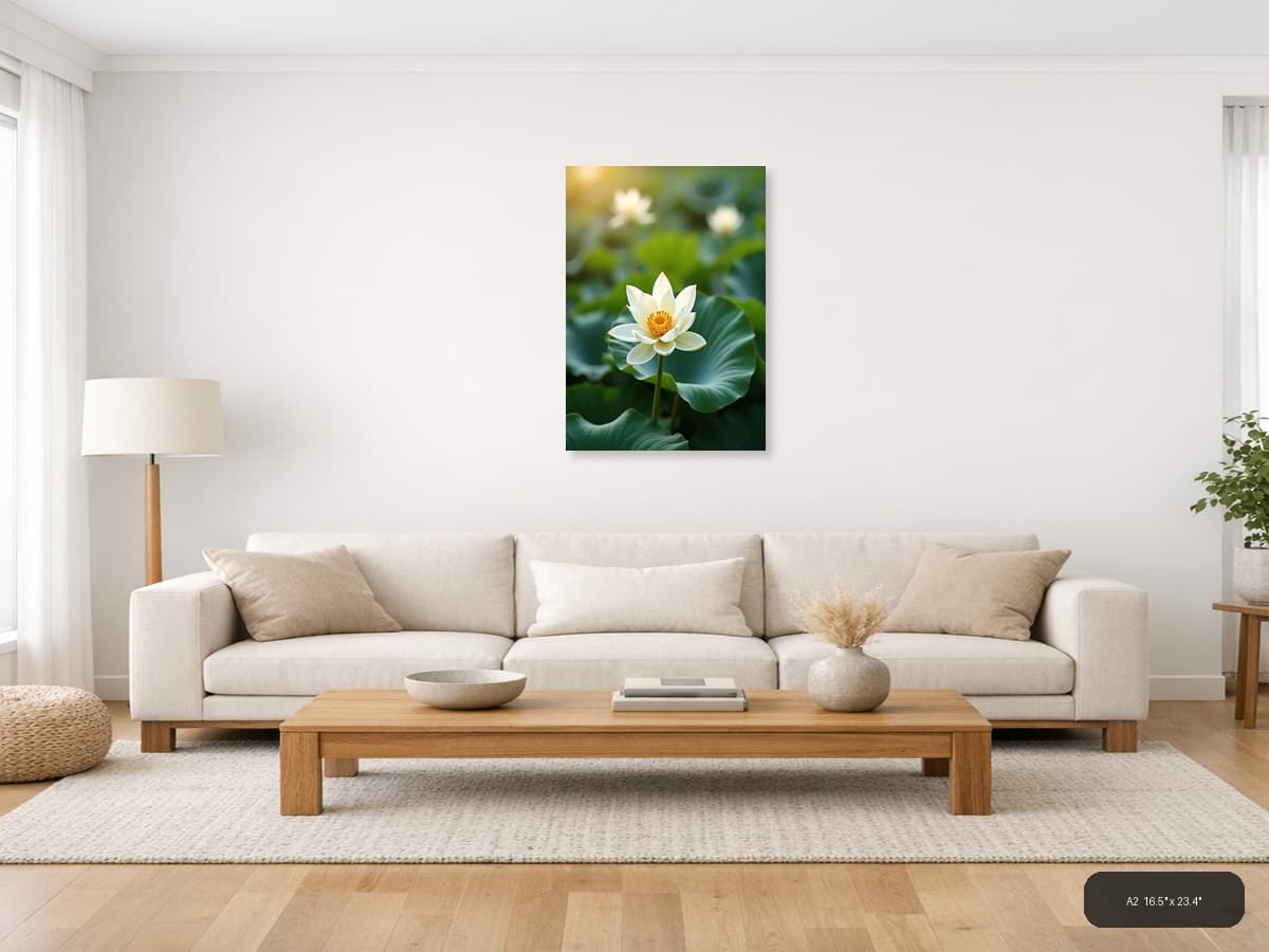 White Lotus Flower Botanical Portrait Wall Art shown in a room setting at A2