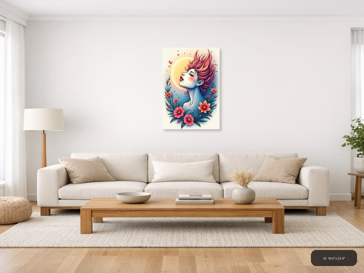 Colorful Woman Portrait with Flowers Line Art Wall Art shown in a room setting at A2