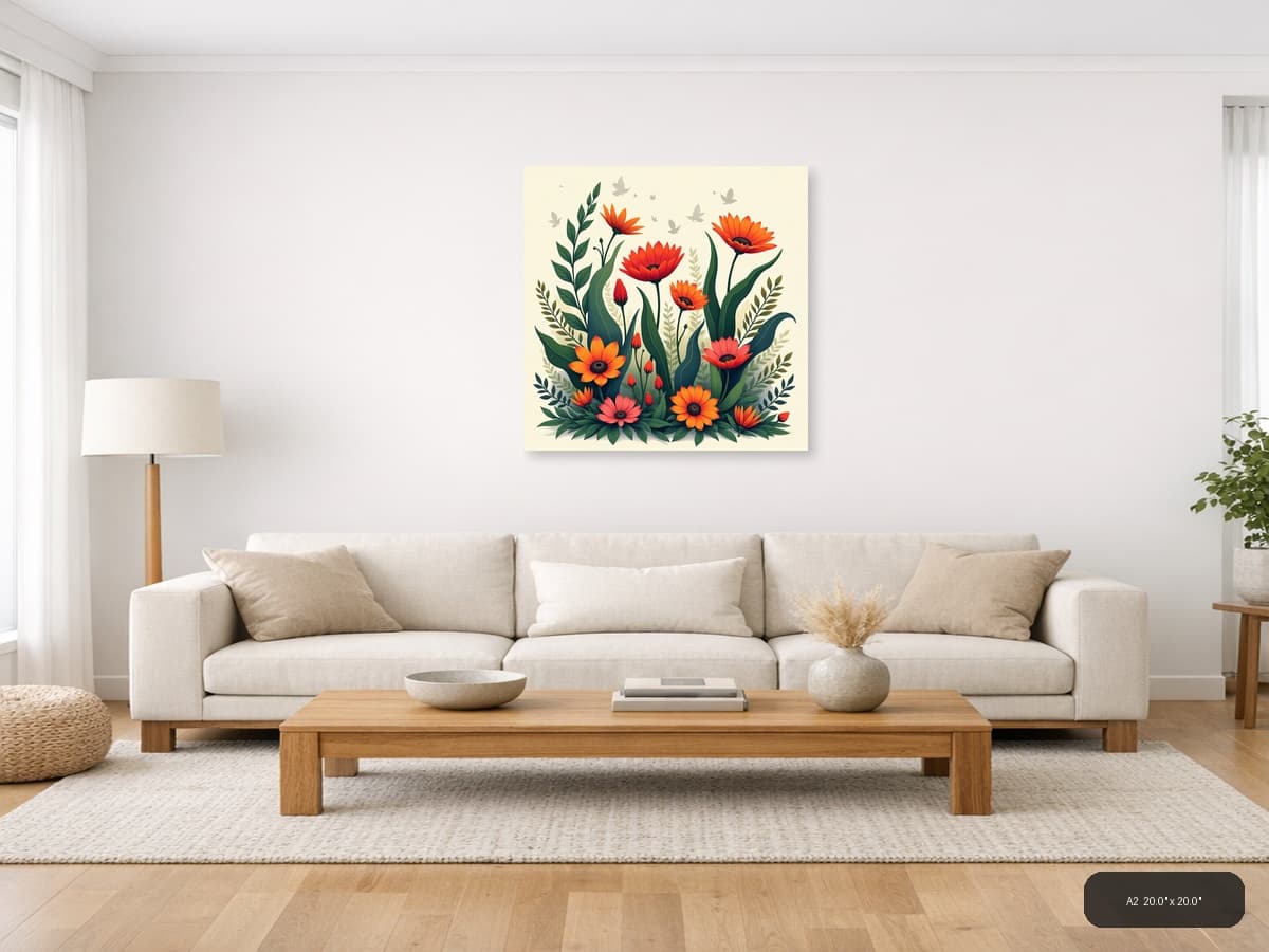 Red Orange Gerbera Daisies Botanical Square Wall Art shown in a room setting at A2