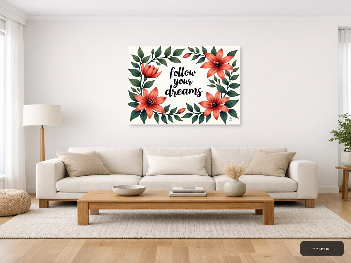 Follow Your Dreams Floral Botanical Red Flowers Wall Art shown in a room setting at A2