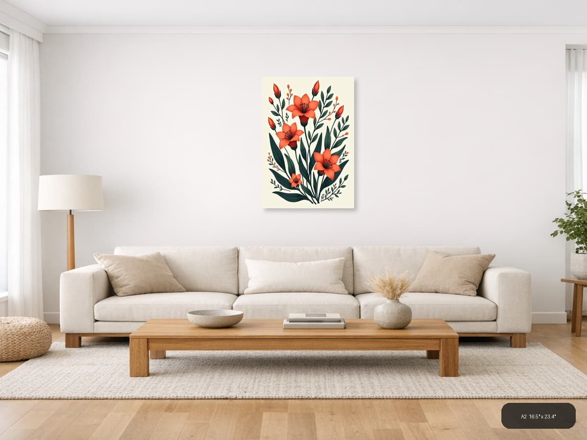 Red Flowers Botanical Illustration Portrait Wall Art shown in a room setting at A2
