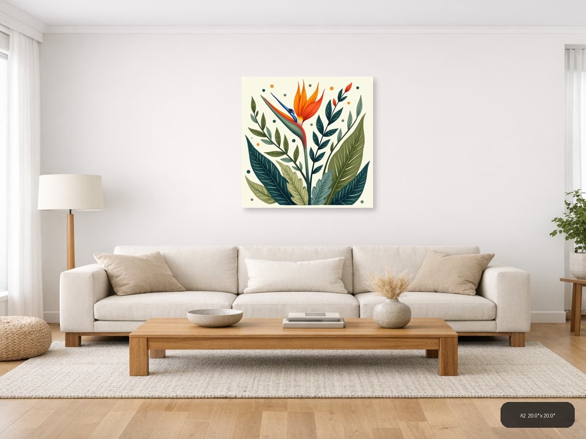 Bird of Paradise Botanical Illustration Square Wall Art shown in a room setting at A2
