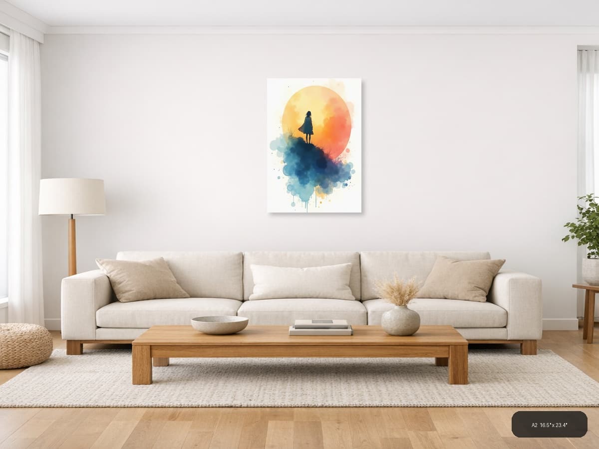 Girl Under Golden Sunset Watercolor Wall Art shown in a room setting at A2