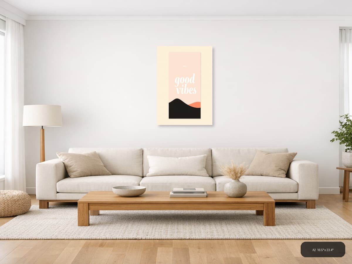 Only Good Vibes Minimalist Pink & Black Wall Art shown in a room setting at A2