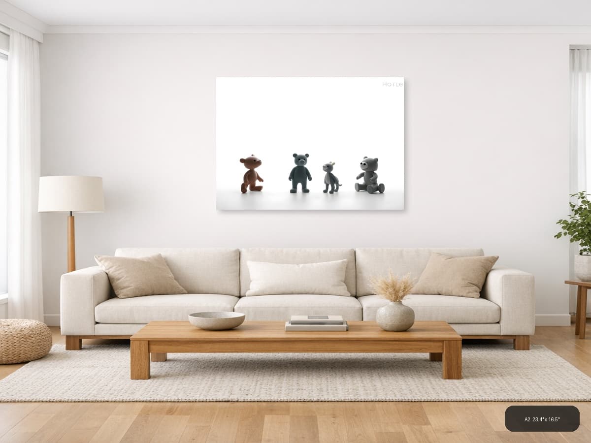 Four Cute Toy Characters Minimalist Wall Art shown in a room setting at A2