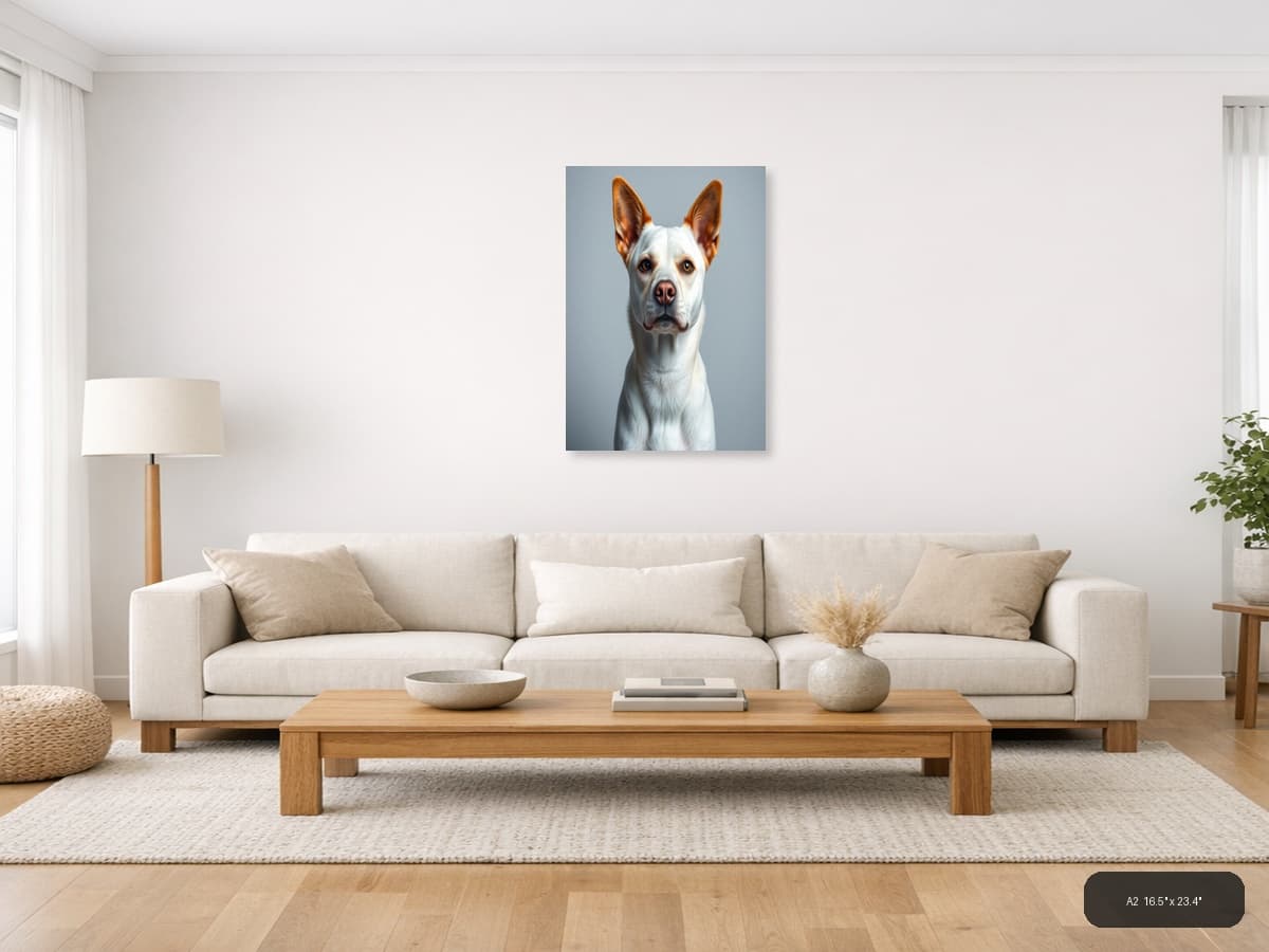 White & Brown Chihuahua Portrait Photography Wall Art shown in a room setting at A2