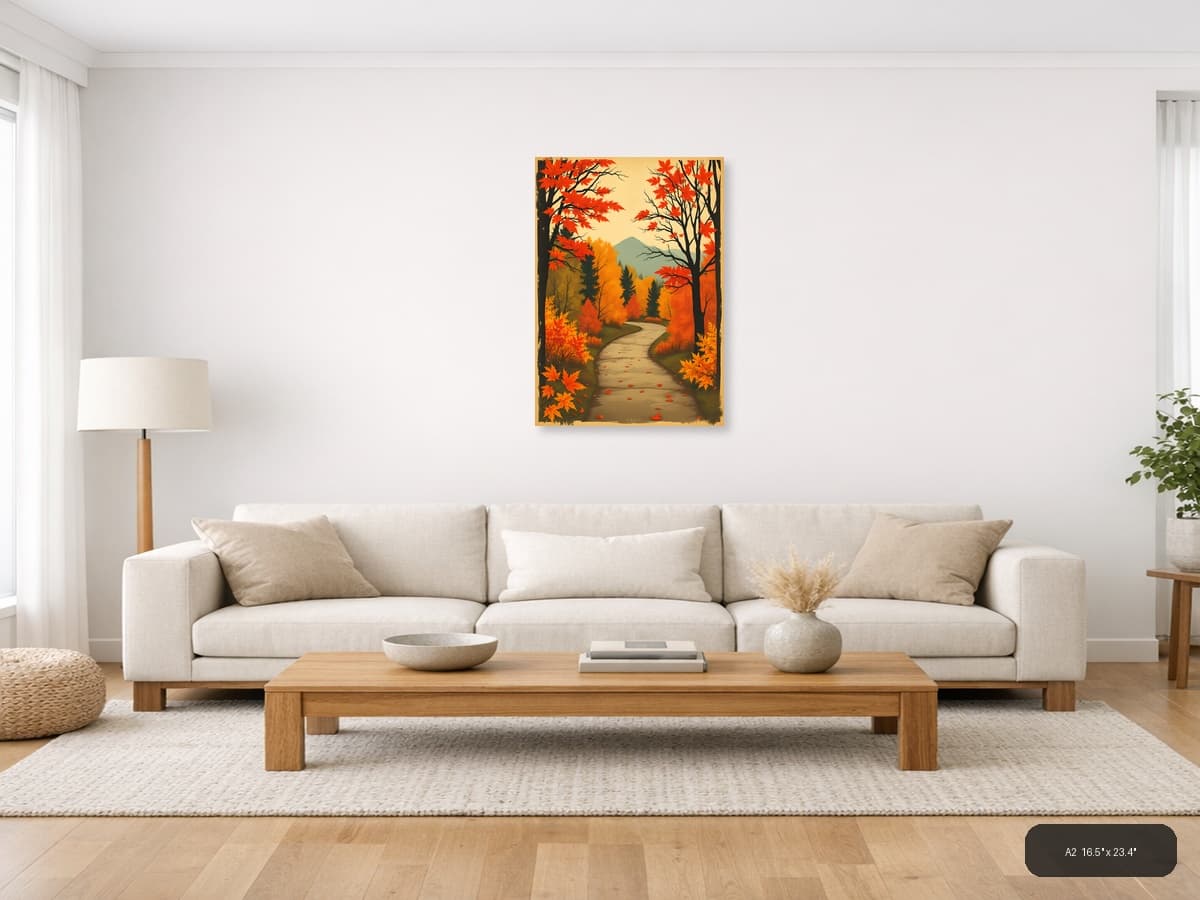 Vintage Autumn Forest Path with Mountain - Wall Art shown in a room setting at A2