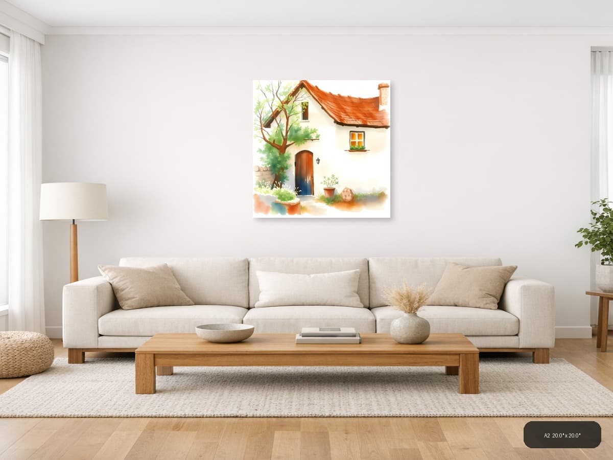 Cozy Cottage with Red Roof Watercolor Wall Art shown in a room setting at A2