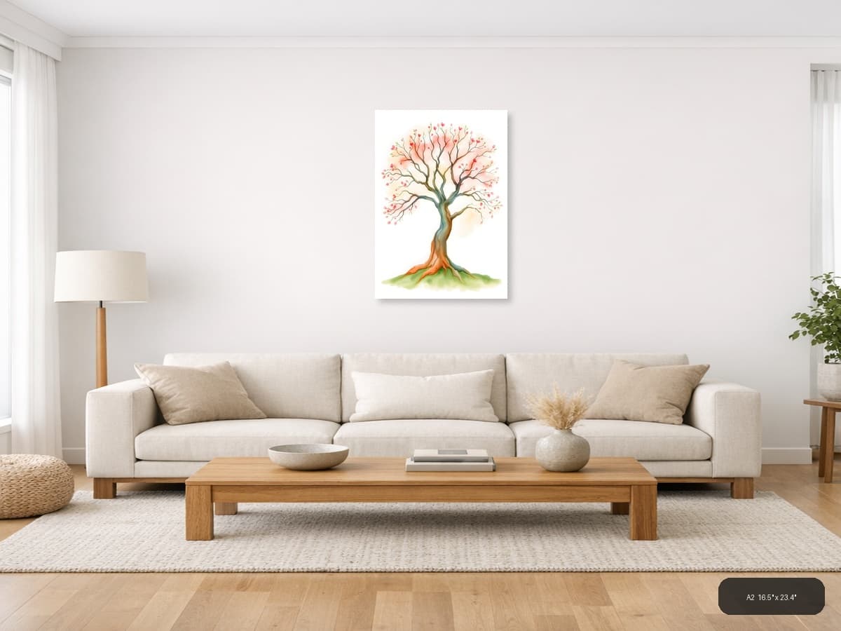 Watercolor Blossoming Tree with Pink Flowers Wall Art shown in a room setting at A2