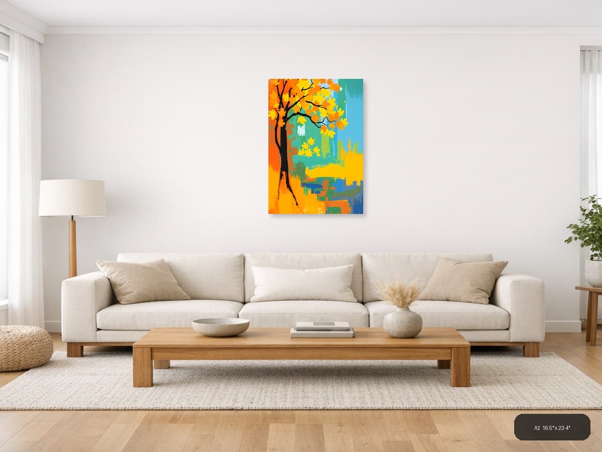 Abstract Autumn Tree with Golden Leaves Wall Art shown in a room setting at A2