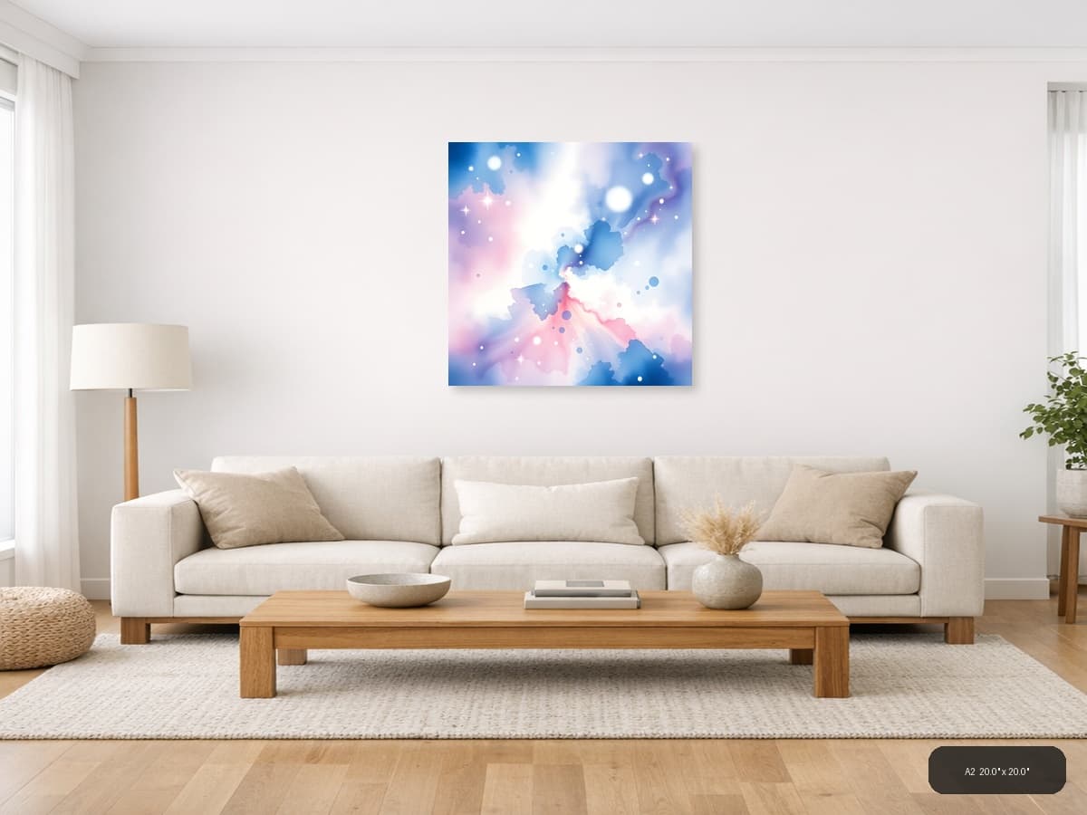 Abstract Watercolor Map with Pink and Blue Gradient Wall Art shown in a room setting at A2